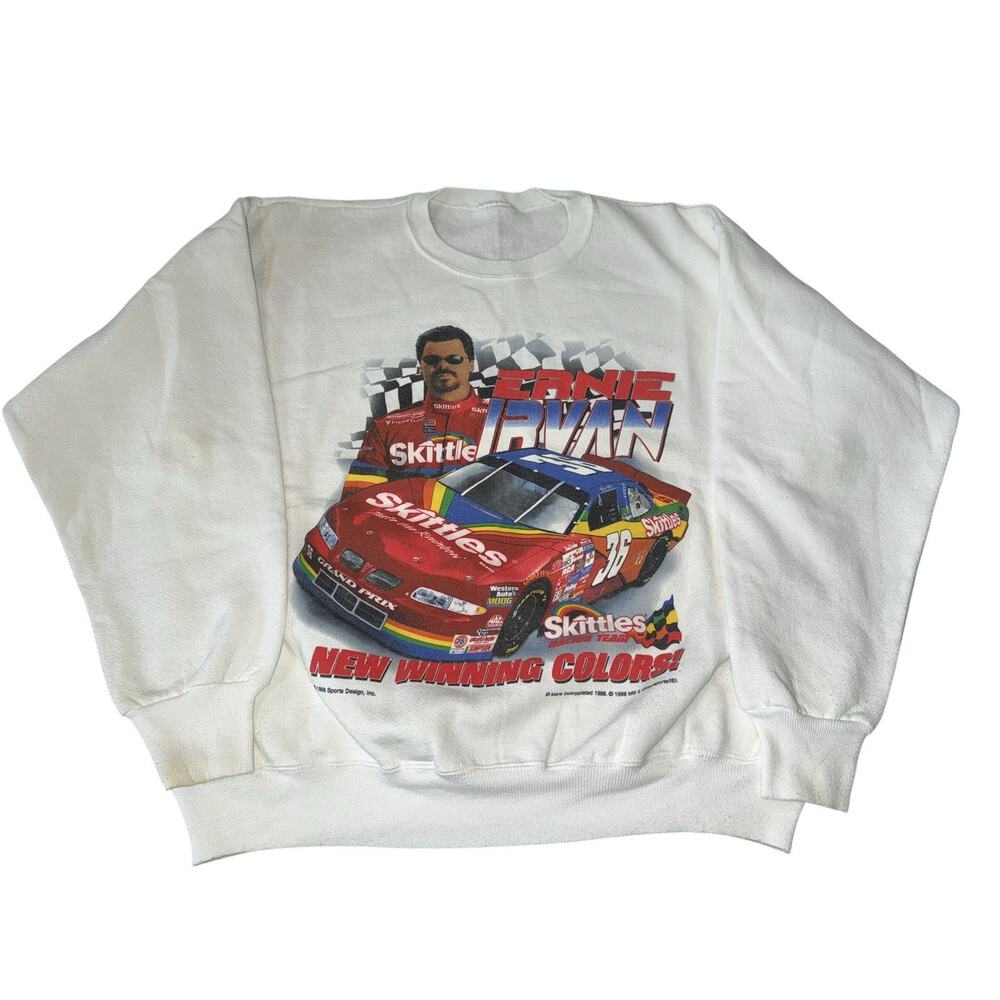 Vintage 1998 Ernie Irvan 36 Skittles NASCAR Sweatshirt Mens White Racing READ
